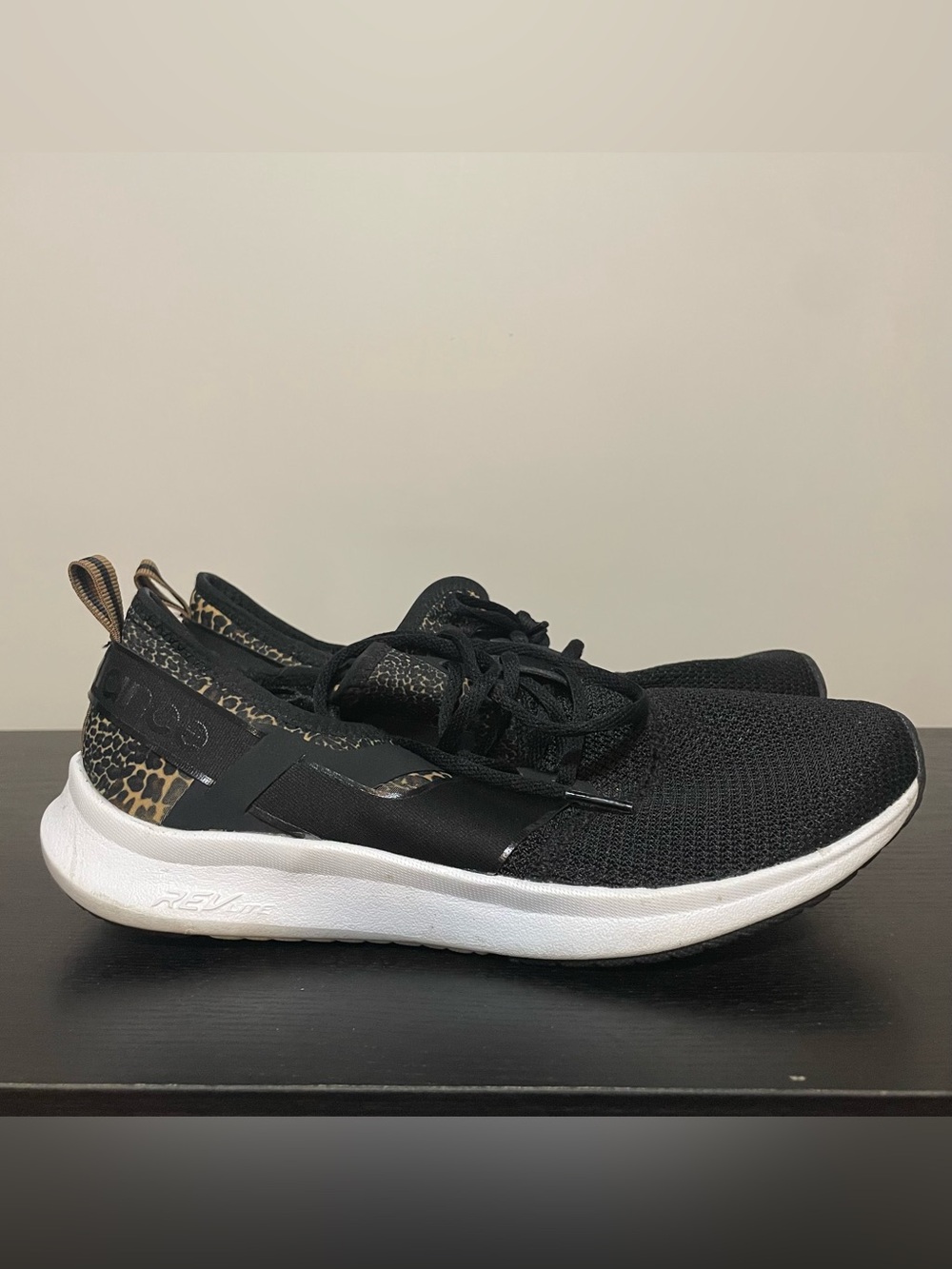 New Balance Women’s Black Knit Sneakers with Leopard Accents | Wms Sz 10